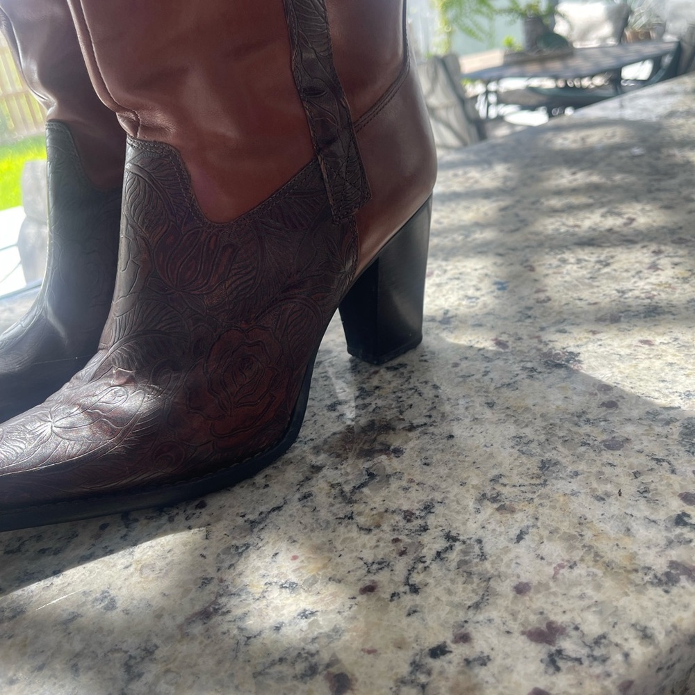 ANTONIO MELANI Floral Embossed Brown Heeled Boots